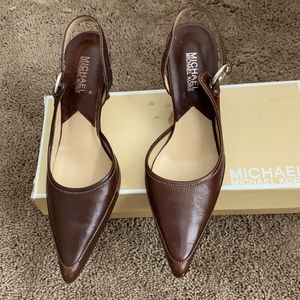Michael Kors Kitten Heels! Size 7 chocolate brown. Silver hardware on the side.